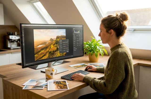 Une femme retouche des photos chez elle, installée dans un bureau baigné de lumière.