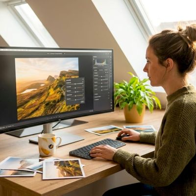 Une femme retouche des photos chez elle, installée dans un bureau baigné de lumière.