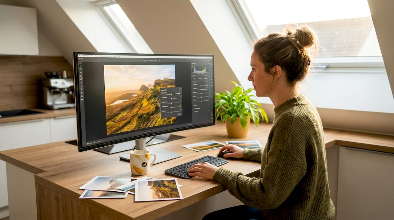 Une femme retouche des photos chez elle, installée dans un bureau baigné de lumière.