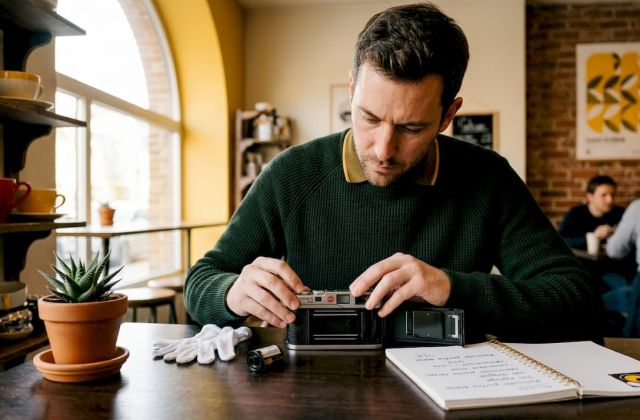 Photographe en pleine séance avec son appareil photo argentique