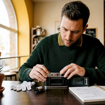 Photographe en pleine séance avec son appareil photo argentique