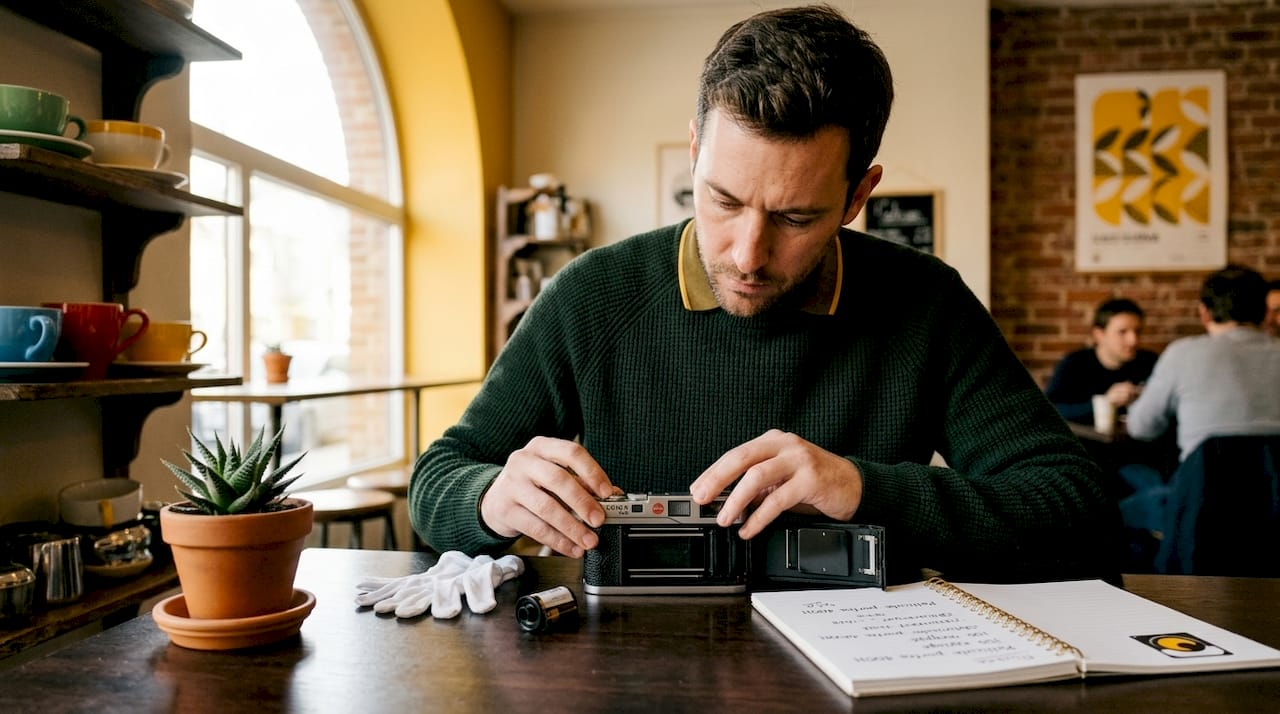 Photographe en pleine séance avec son appareil photo argentique