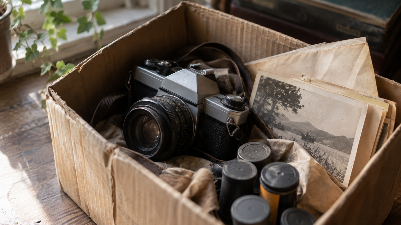 Ancien appareil argentique et pellicules retrouvés dans une boîte.
