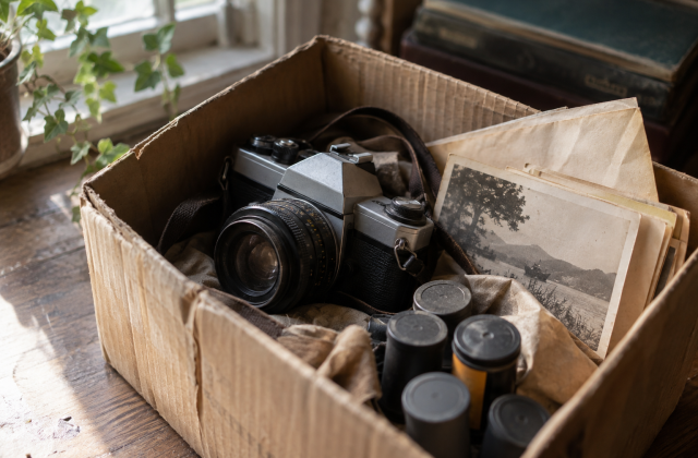 Ancien appareil argentique et pellicules retrouvés dans une boîte.