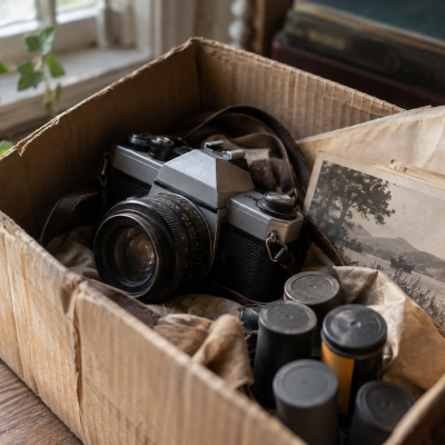 Ancien appareil argentique et pellicules retrouvés dans une boîte.