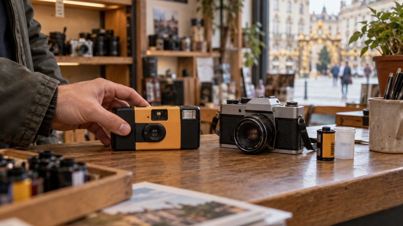 Deux appareils photo argentiques illustratifs, l’un jetable et l’autre réutilisable, tenus sur une table.