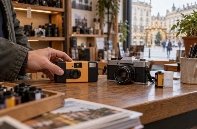 Deux appareils photo argentiques illustratifs, l’un jetable et l’autre réutilisable, tenus sur une table.