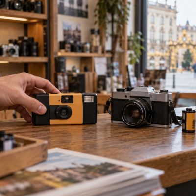 Deux appareils photo argentiques illustratifs, l’un jetable et l’autre réutilisable, tenus sur une table.