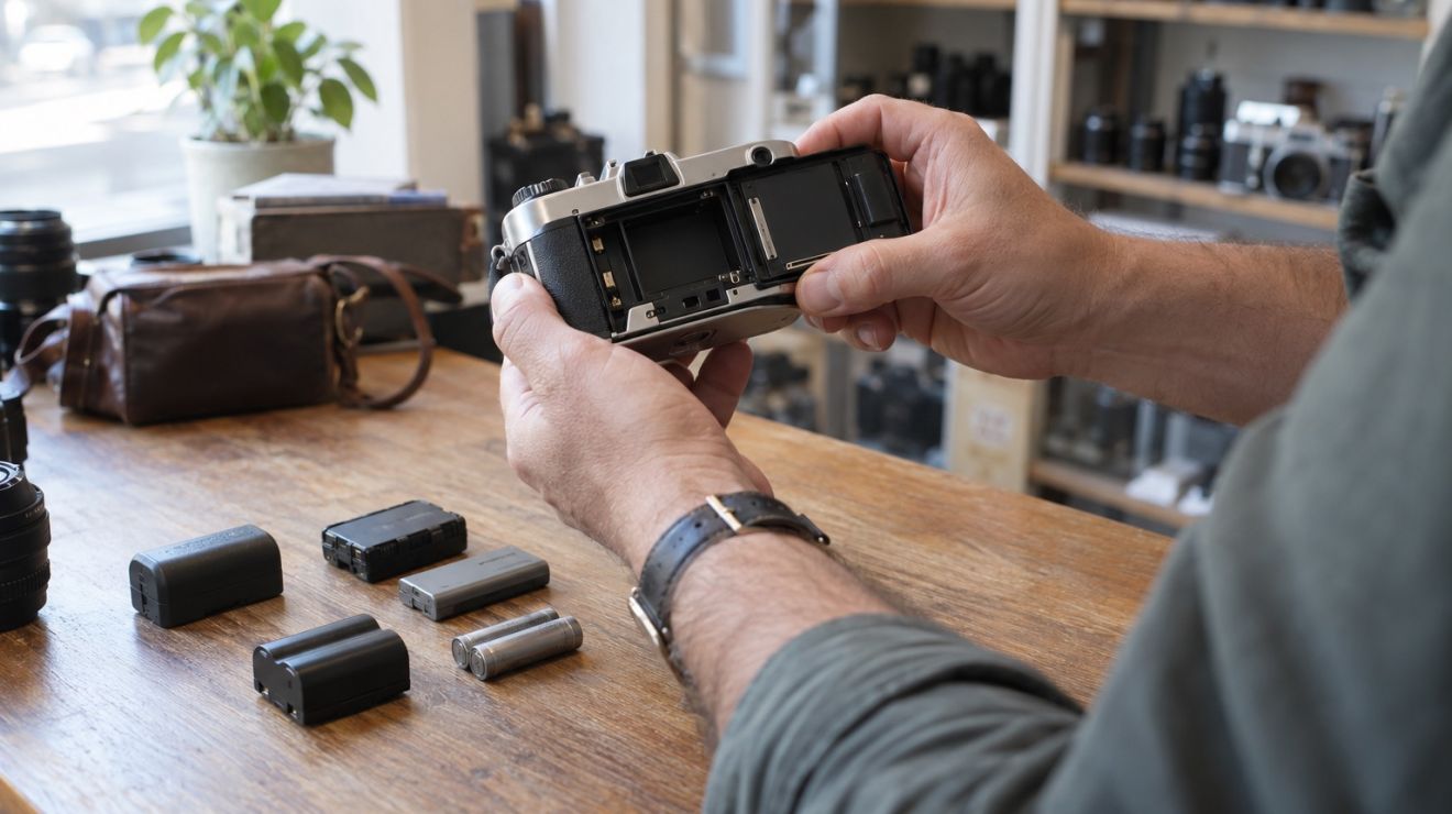 Appareil photo argentique et piles posés sur une table avant vérification de compatibilité.