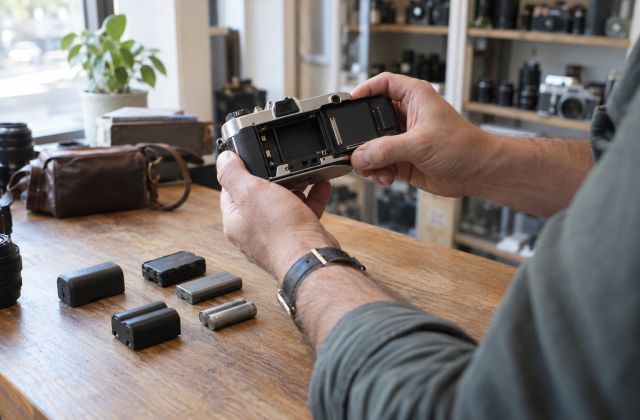 Appareil photo argentique et piles posés sur une table avant vérification de compatibilité.