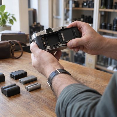 Appareil photo argentique et piles posés sur une table avant vérification de compatibilité.